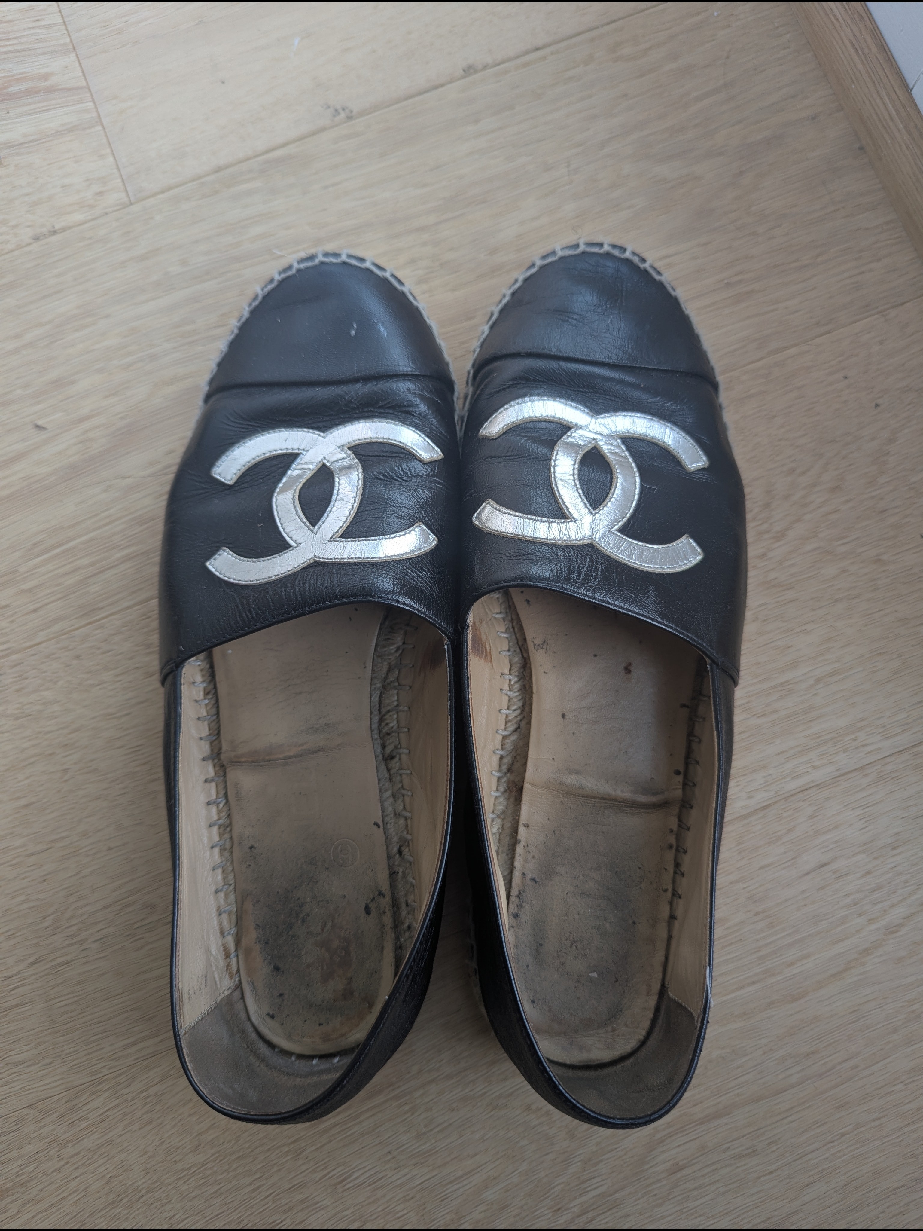 Chanel Black Leather Espadrilles With Silver Cc | Size 41